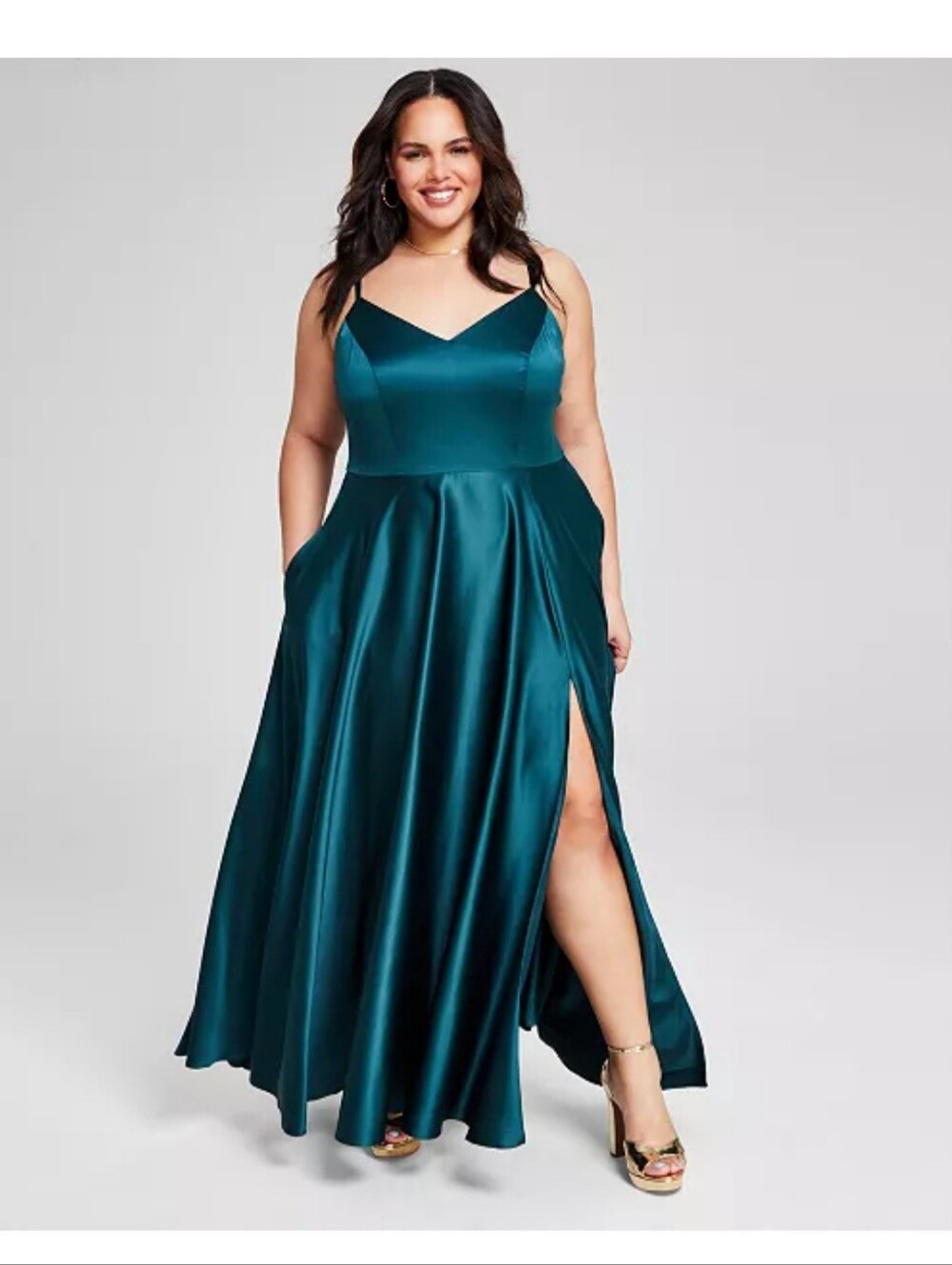 Satin V-Neck Teal Evening Gown with Side Slit